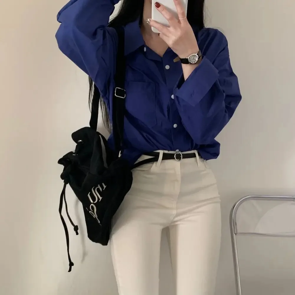 Korean Style Chic Loose Shirt Temperament Simple Tops Office Lady Professional Blouse Turn Down Collar Clothes 8306