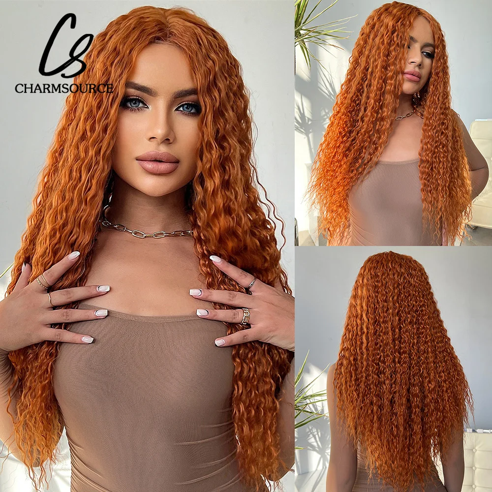 

CharmSource Synthetic Lace Front Wigs Orange Curly Wigs For Woman Natural Hair Party Daily Use Cosplay Heat Resistant Fiber