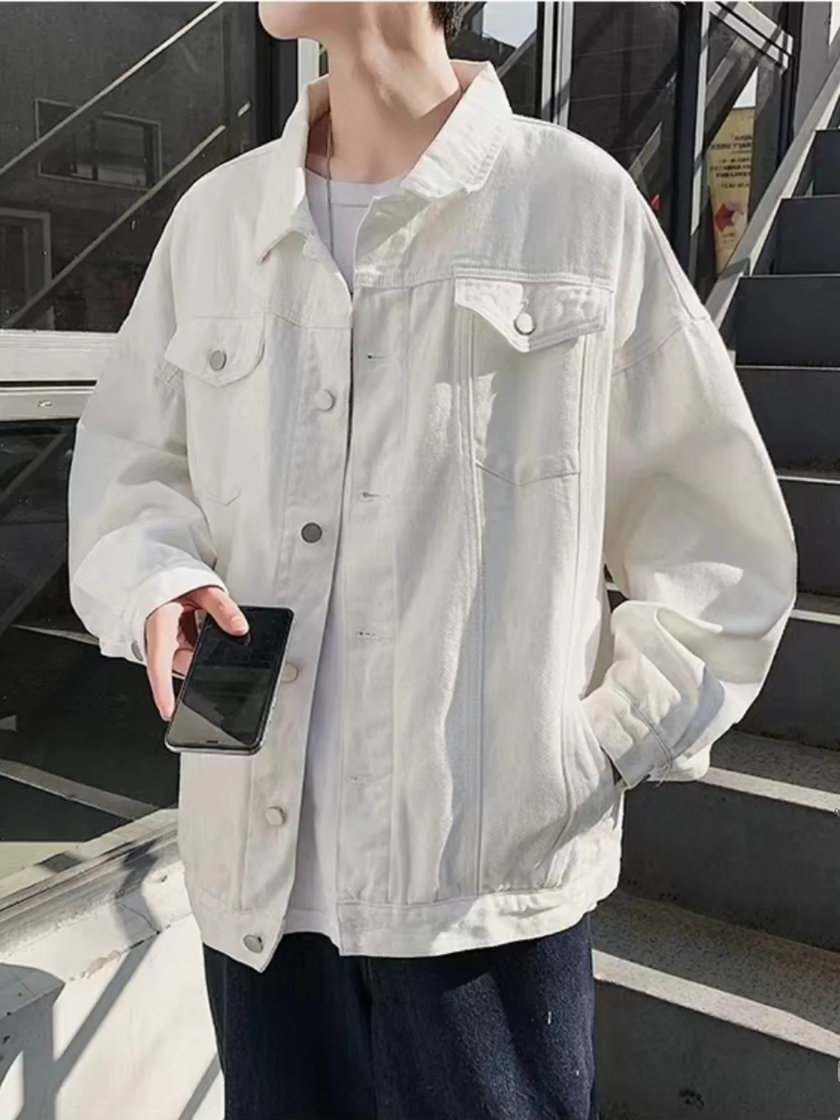 جاكيت دنيم أبيض نقي للجنسين، تصميم فضفاض لفصلي الر...