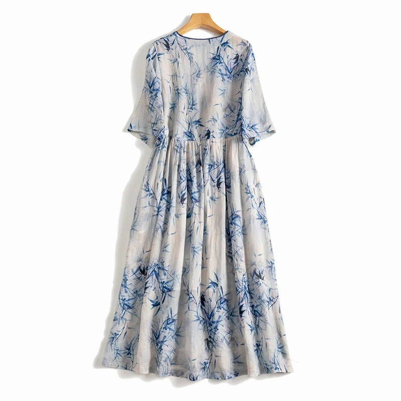 

Sky Blue Print Vintage Linen Thin Lace Up V-Neck Women's Dress Half Sleeve A-Line Mid-Calf Dresses for Women Spring Summer 2023