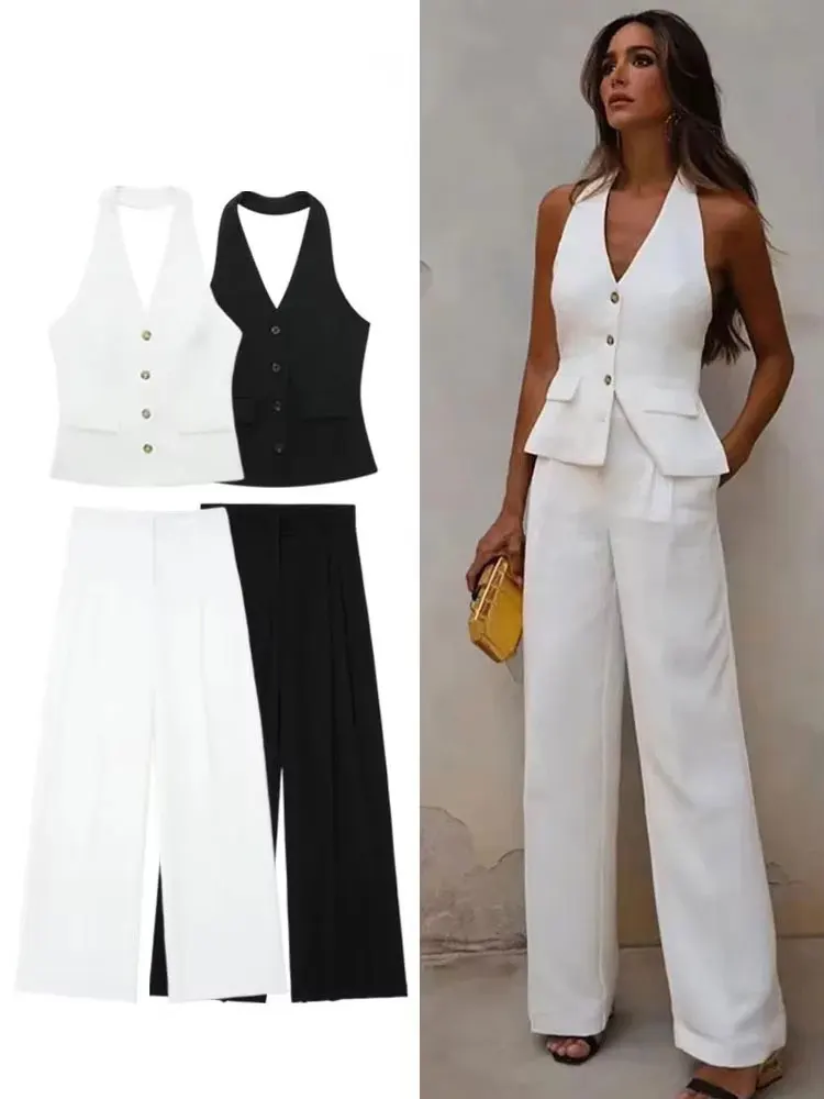 HH Pant Sets For Women Fashion Backless Button Halter Crop Vest Top Straight Pants Trousers Elegant White Suit Streetwear