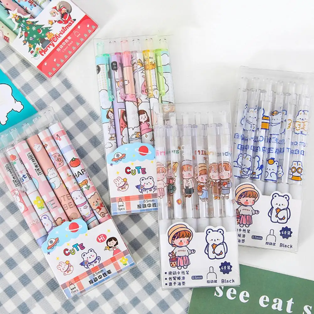 

6Pcs Gel Pens Quick Drying For Writing 0.5mm Nib Cartoon Push Type Plastic Kawaii Writing Pens School Office Stationery Supplies