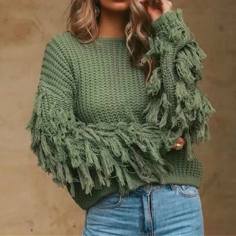 

2022 Ladies Knitted Sweater Winter Round Neck Loose Long Sleeve Pullover Ladies Sexy Shoulder Fringed Sweater Top