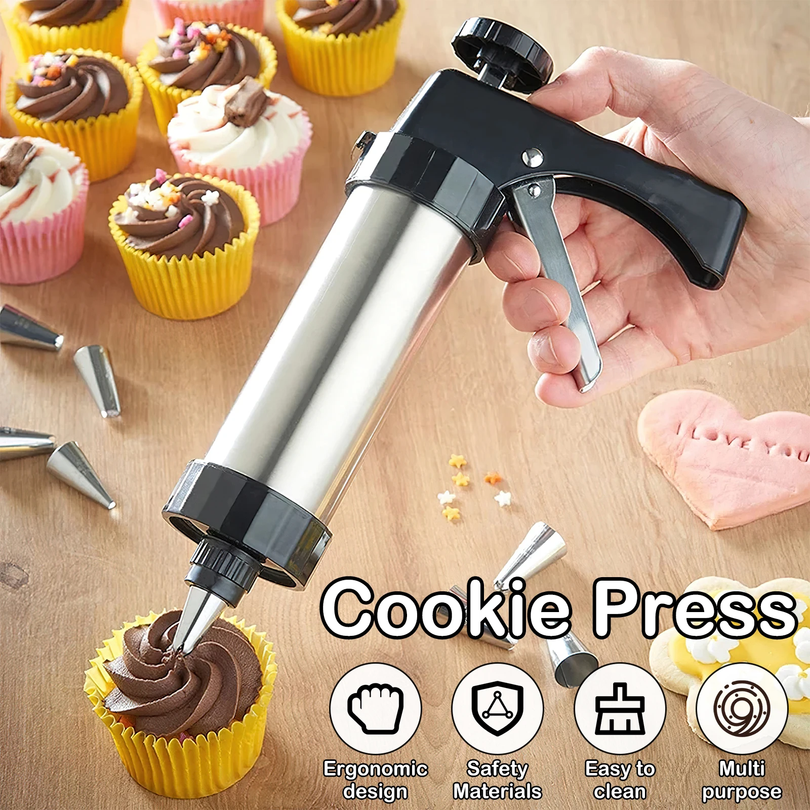 Cake Baking Tools Cake Decorating Tips Cream Foam Gun Biscuit Press Stainless Steel Cream Decorating Cookie Gun Nozzle Mold DIY Pastry Extruder Different Shapes Kitchen Baking Tools