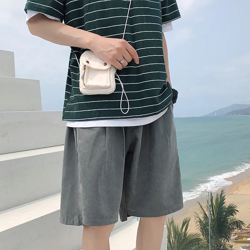 Casual Cropped Shorts Summer Solid Loose Beachwear Men's Fashion Trendy Lace Up Closure Shorts