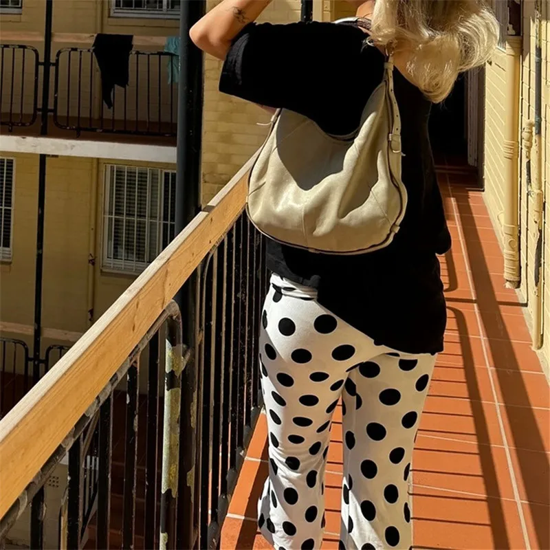 Coquette Fold Over Low Rise Slim Fit Capri Trousers Polka Dot Print Pants Women Vintage Aesthetic Lounge Pants Y2k Women Outfits