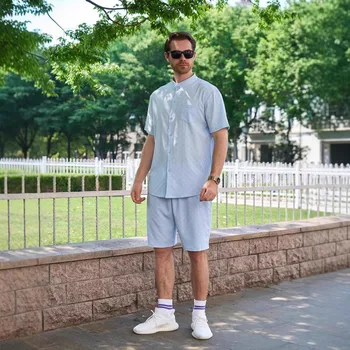 New summer European and American men's jacquard shirt, checkeredcasual stand-up collar pocket cardigan short sleeve and shortset