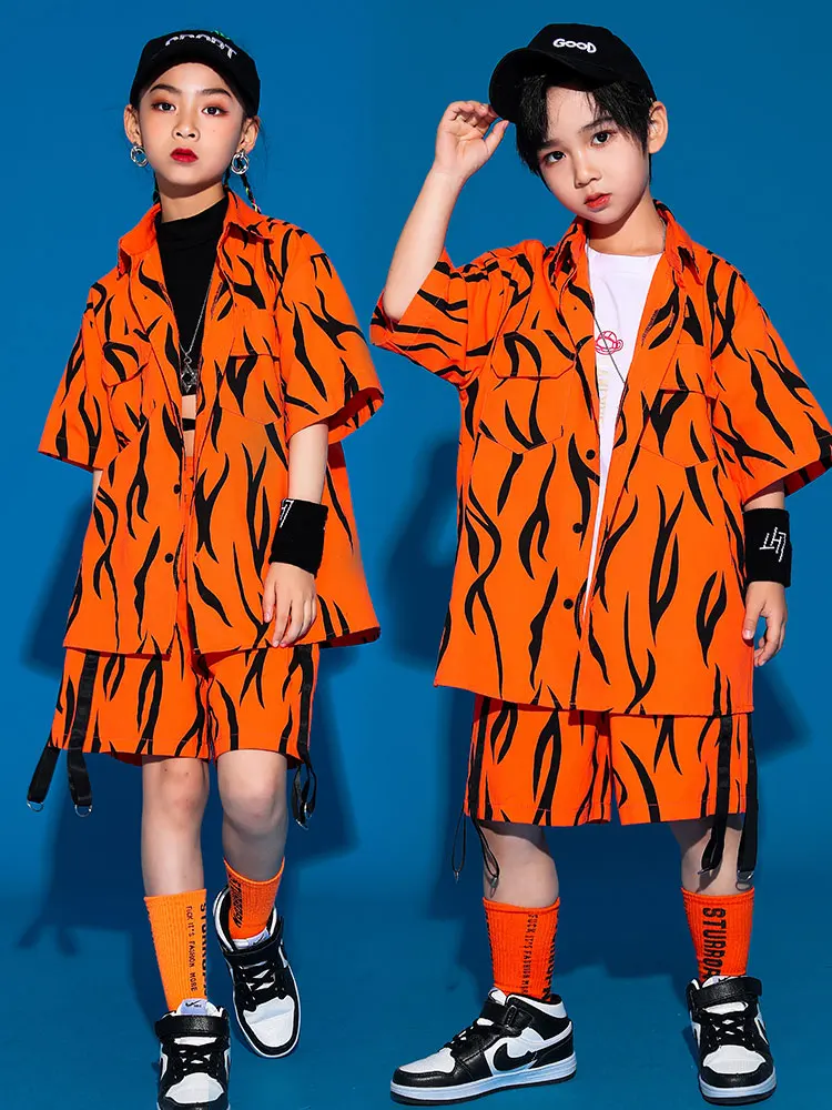 

Outfit Kids Shirt Shorts Girls Modern Dance Outfit Boys Street Dance Hip Hop Costume Orange Summer Jazz Performance
