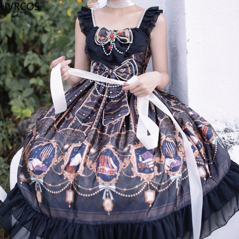 Victoria Vintage Gothic Lolita JSK Dress Women Sweet Star Bow Elegant Princess Sleeveless Dress Girly Party Black Strap Dresses lolita dress lolita suspender dress lolita cosplay costumes suspender dress