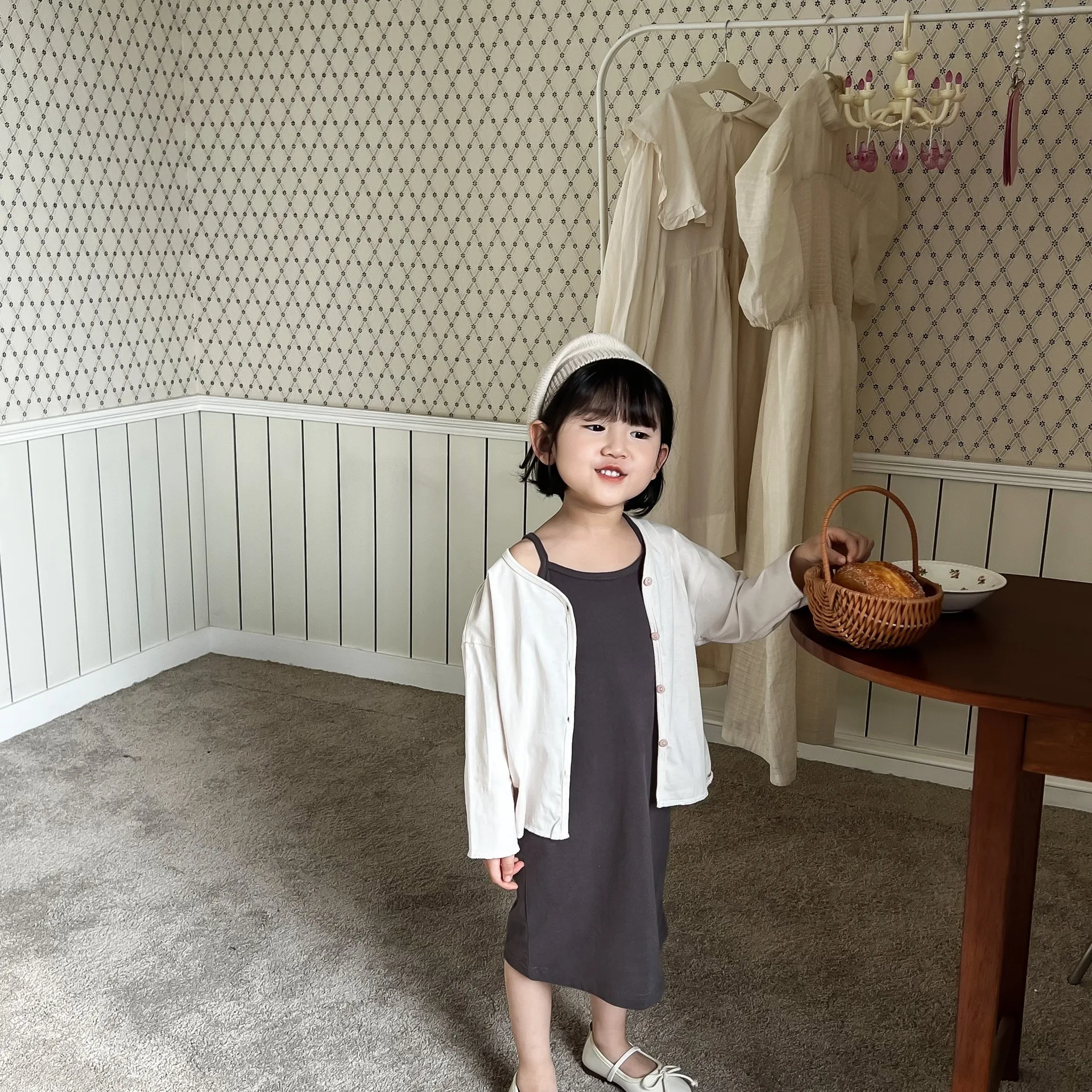 Children Clothing 2023 New Spring Summer Fashionable Korean Style Girls  Dress Knitted Elastic Vest Dress and Coat Sweet Set