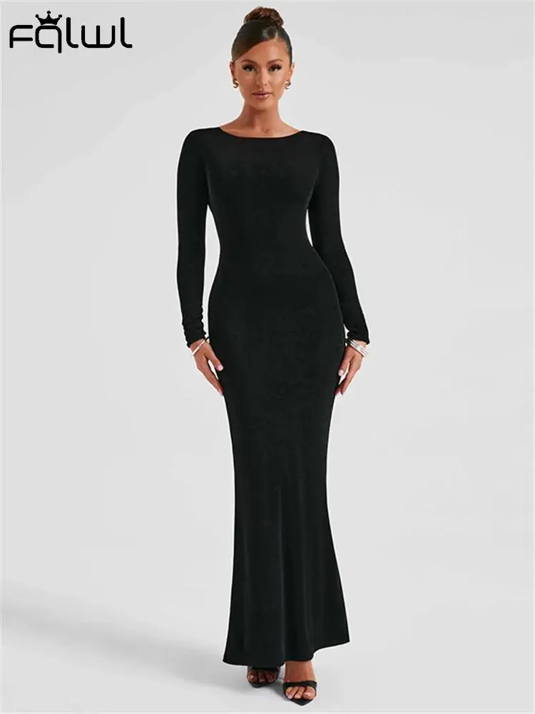 

Habbris Fall Sexy Black Long Sleeve Maxi Dress Elegantl Party Clothing For Woman 2023 Basic Coffee Bodycon Backless Long Dress