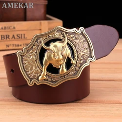 Solid brass buckle full grain cowhide 100% genuine leather designer belt men high quality luxury cowboy brown black camel real