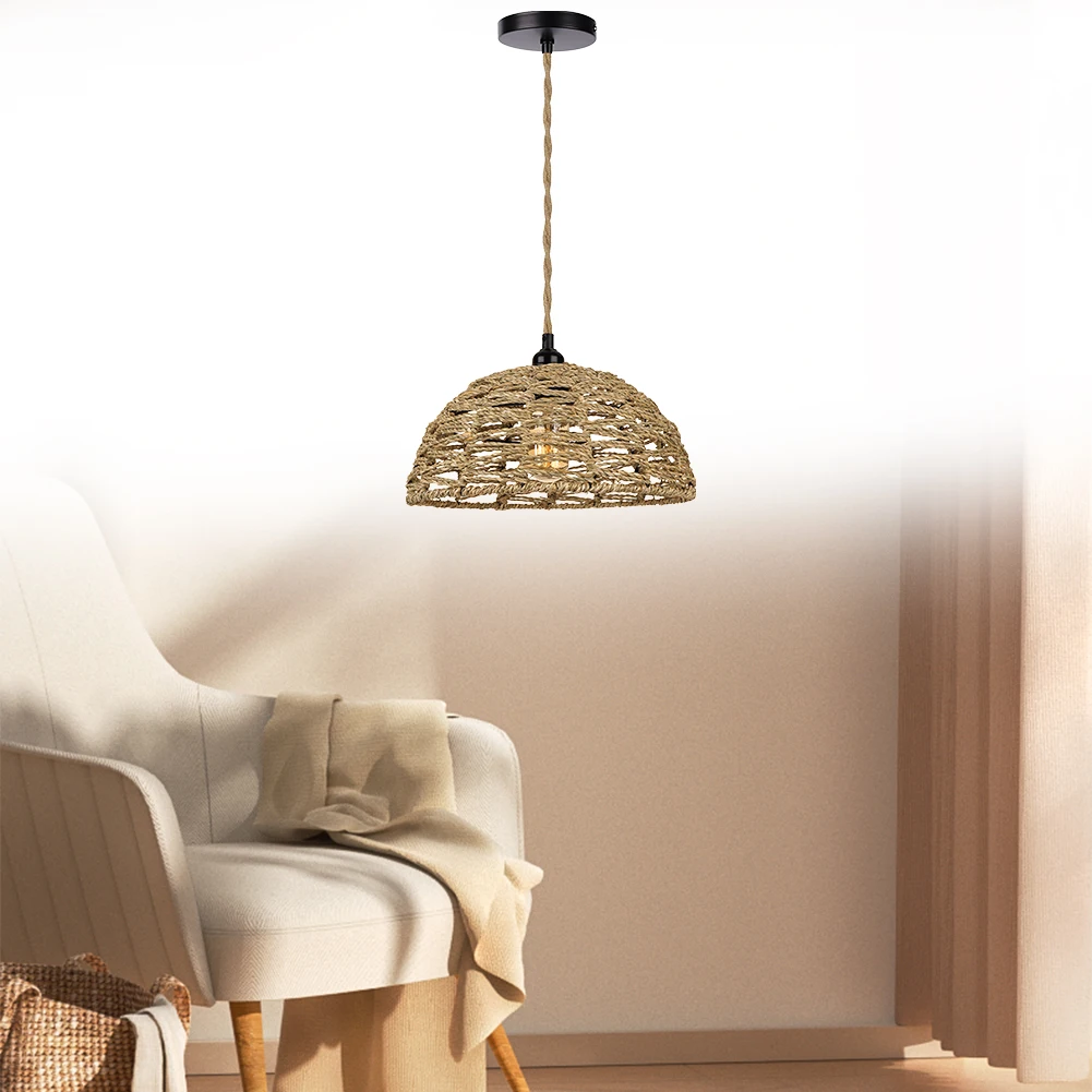 Hemp Rope Lamp Shade Pendant Light Shade Pastoral Style Woven Hanging Lamp Shade Pendant Light Cover for Living Room Farmhouse