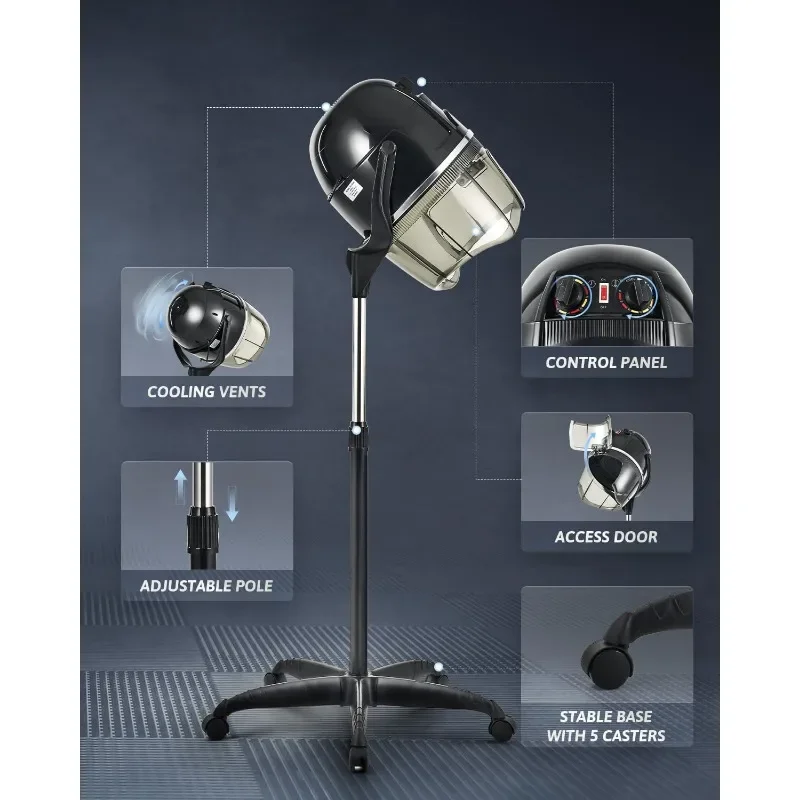 CO-Z 1300W Black Hooded Hair Dryer with Stand, Adjustable Height, 360 Swivel, Wheels, Temperature Timer, Safe Use
