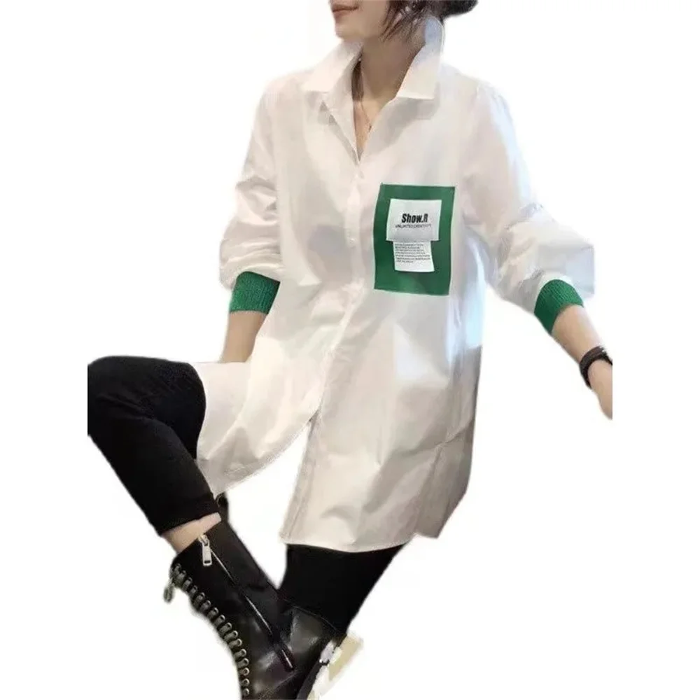 Design White Long Sleeved Med- Length Shirt For Women\'s Loose Unique Korean Casual Fashion Chic Ins Patchwork Blouse Top
