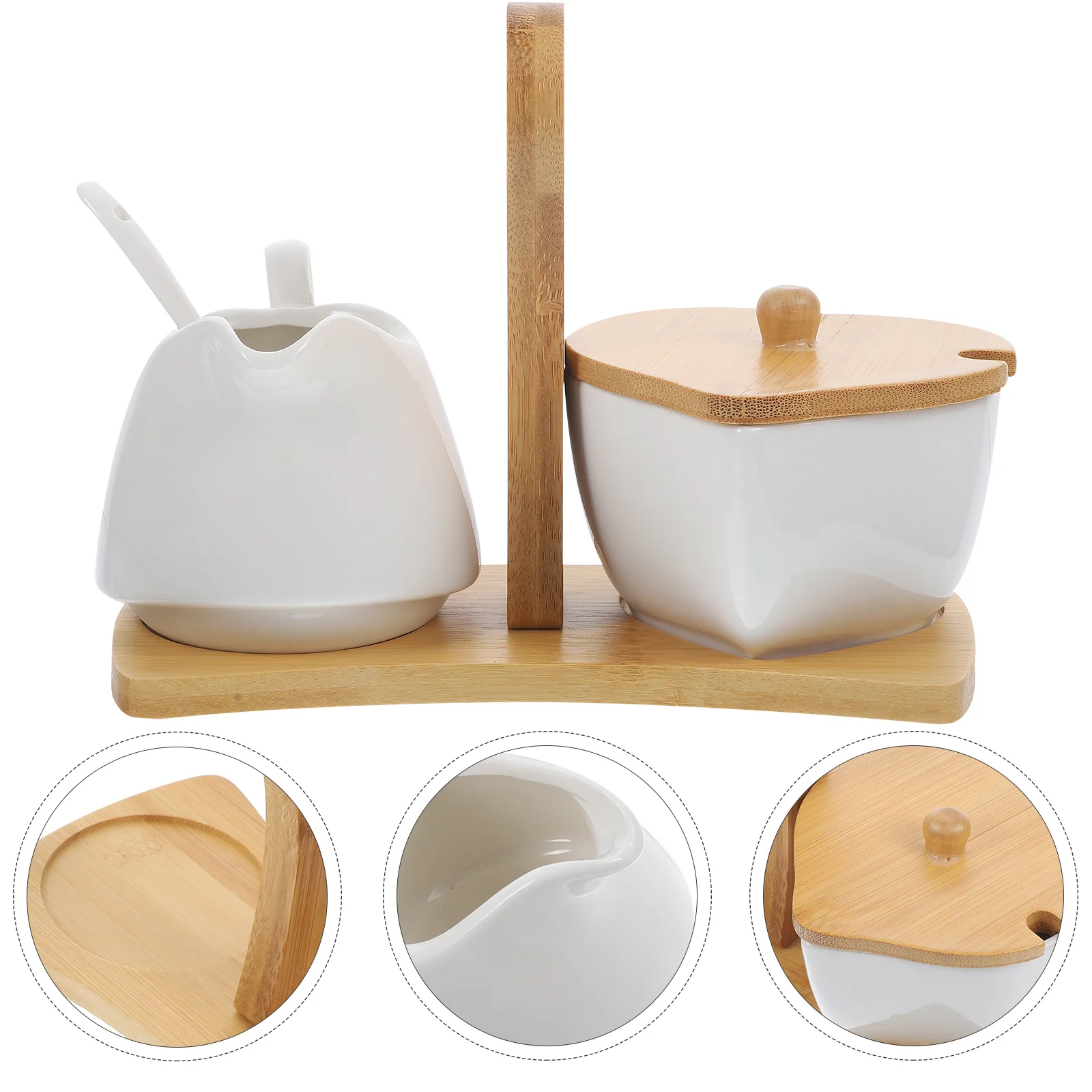

Ceramic Sugar and Creamer Set Pitcher Sugar Bowl Sweetener Packet Holder Ceramic Tea/ Coffee Set with Wooden Stand Spoon