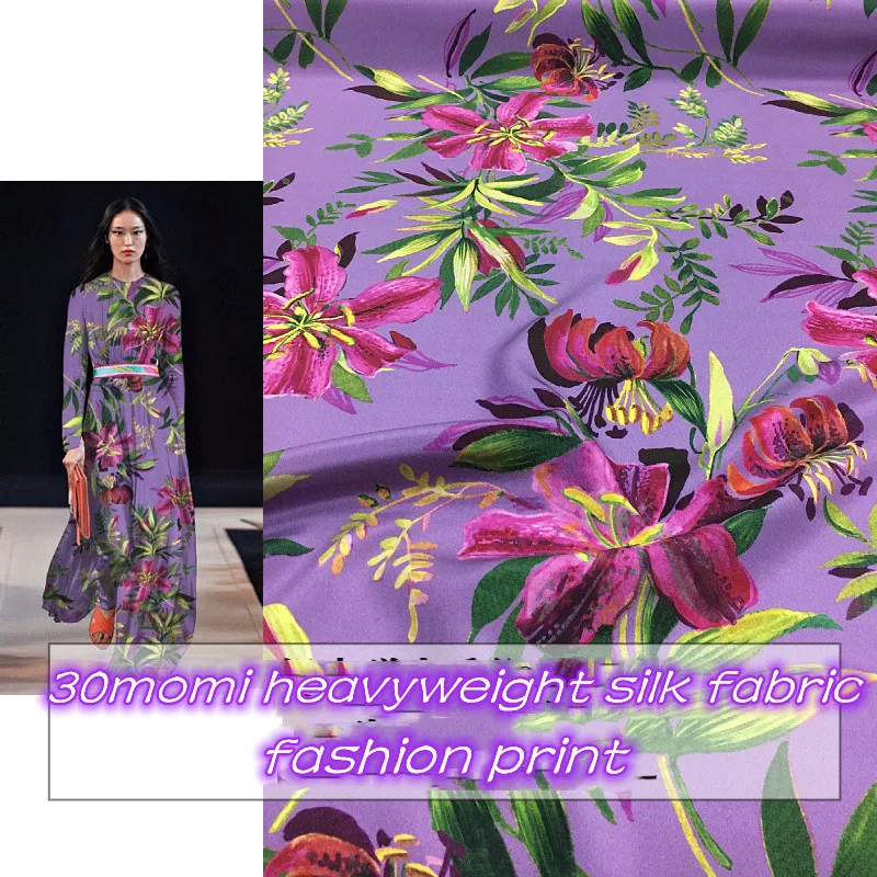 

New Dream Purple Perfume Lily Printed Mulberry Silk Fabric 30 Mommy Stretch Heavy Crepe Silk Dress Fabric Eco-Friendly Cloth Div