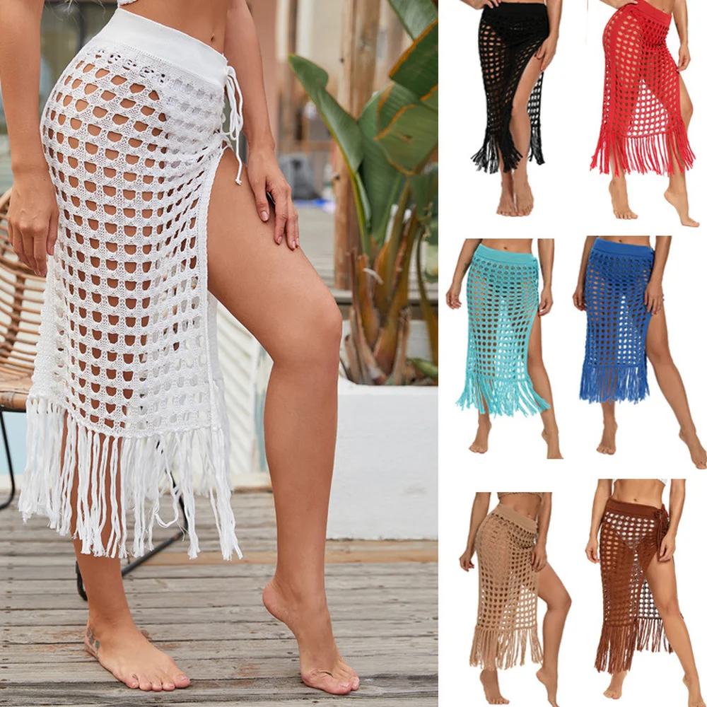 

Spring and Summer New European and American Women's Sexy Perspective Hollow Knitted Skirt Slit Fringed Beach Skirt
