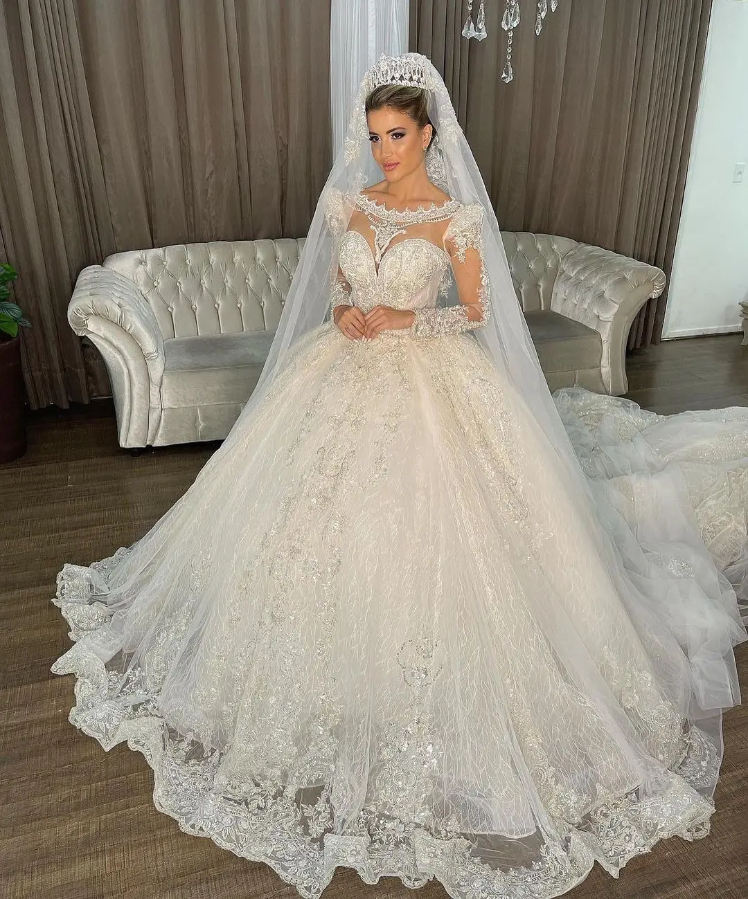 Princess Ball Gown Wedding Dress with Sleeves,Classic Bridal Gown,WD00642 | Ball  gowns wedding, Sheer wedding dress, Ball gown wedding dress