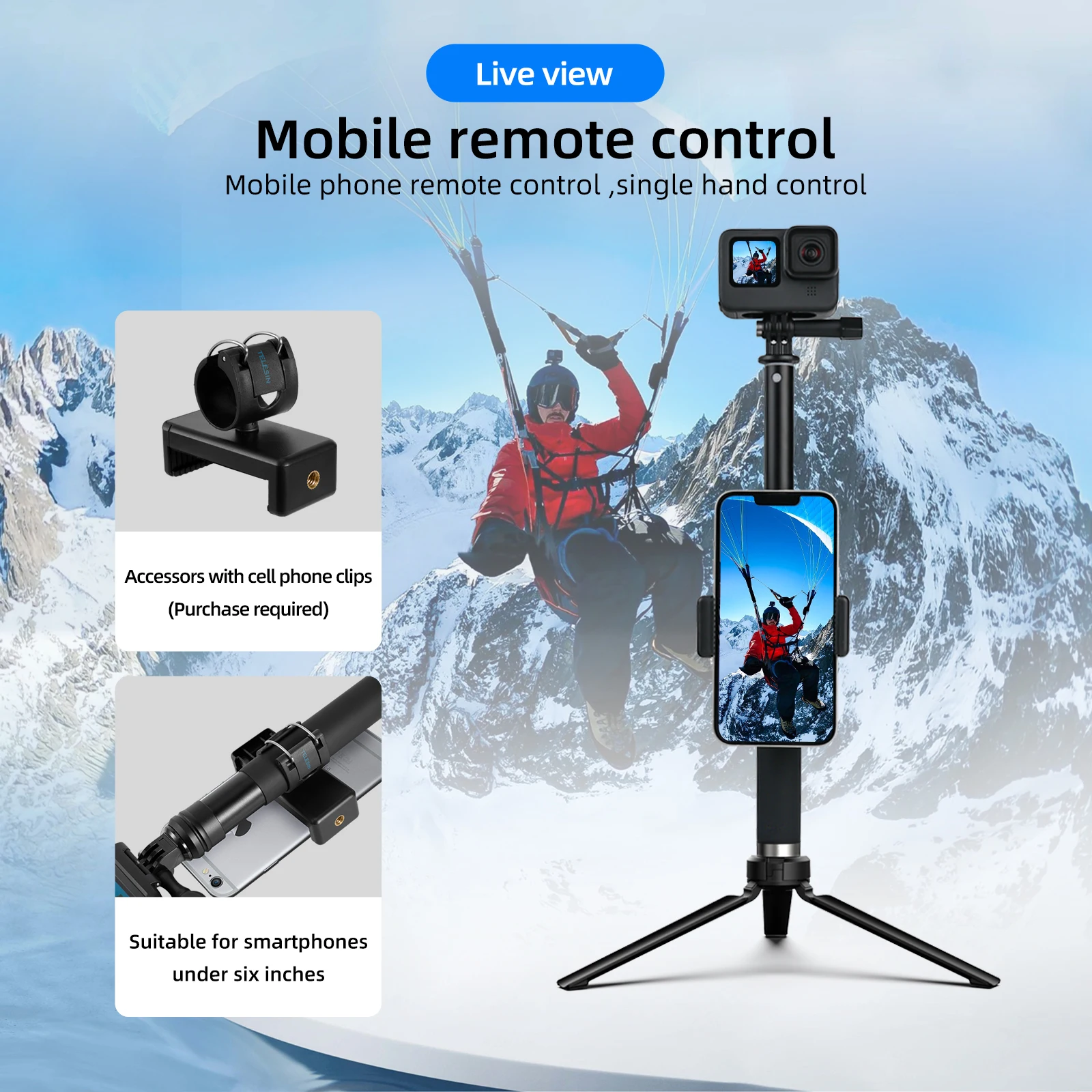 TELESIN For GoPro Selfie Stick 360&deg; Rotation Foldable Tripod Phone Holder Aluminum Alloy Monopod for DJI Insta360 Smartphone selfie stick