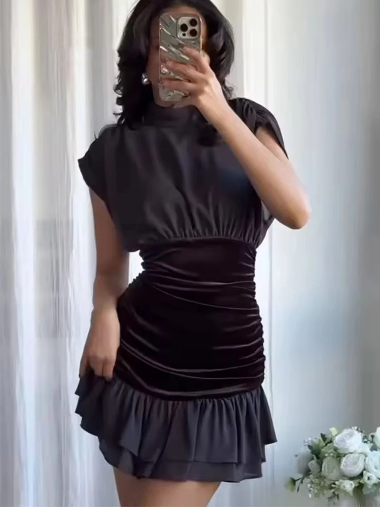Women's Fashion Velvet Splicing Short Dress Spring Summer New Sleeveless Mini Dresses For Women Slim Night Party Dresses