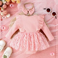 2PCS Autumn 0-1 Year Old Girl Baby Sweet And Cute Round Collar, Pit Strip, Flower Skirt, Long-Sleeved Suit + Bow Hair Band 2