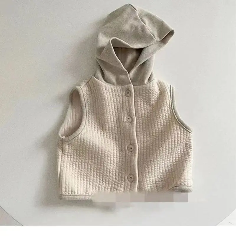 Retro Boys Girls Sleeveless Vest Coats Spring Autumn New Children's Casual Hooded Cotton Vests Korean Styles Outfit Japan Coat