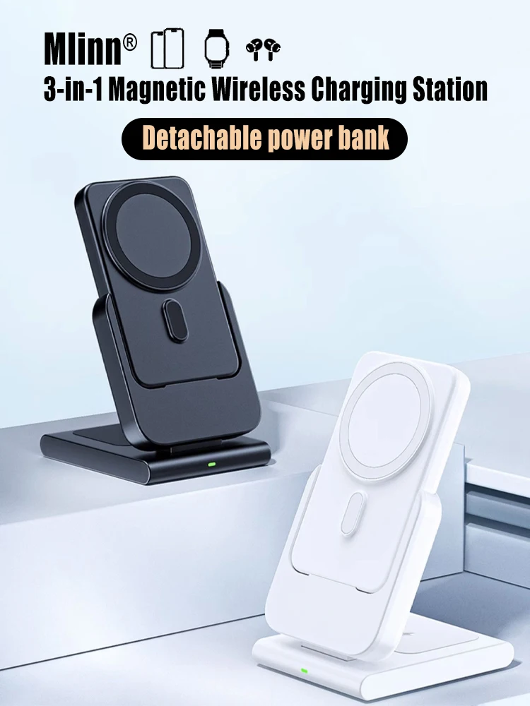 3 in 1 Wireless Charging Station Foldable Fast Charger Stand with Portable Battery Power Bank for MagSafe iPhone 15/14/13/12