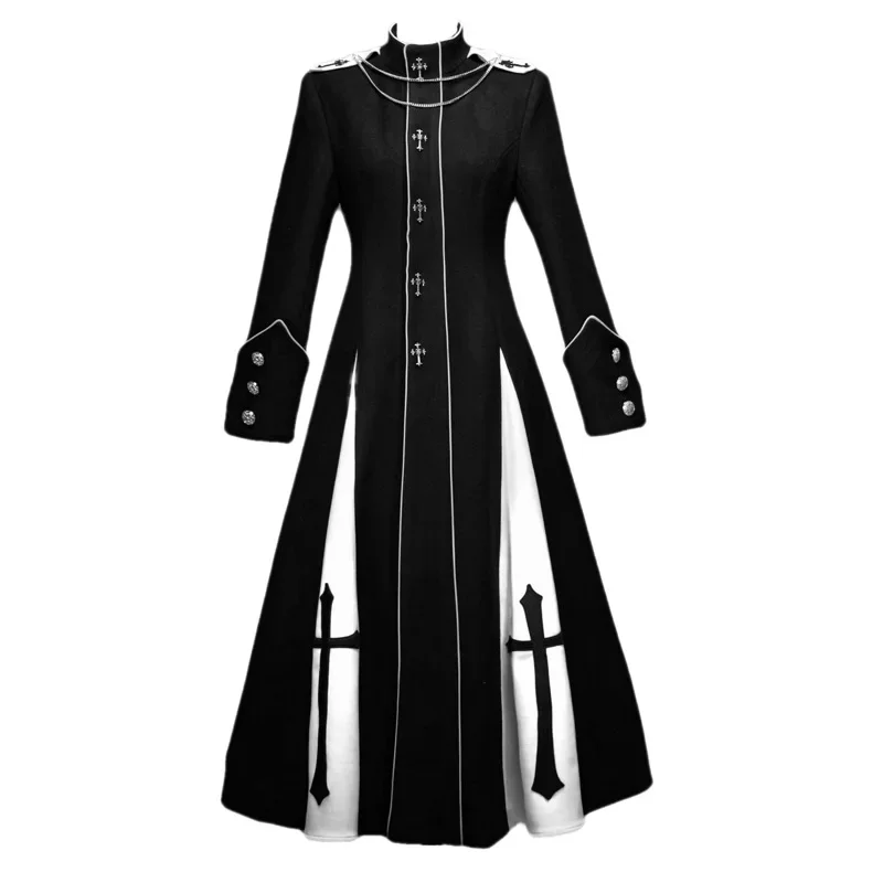 Blood Supply Nun Gothic Black Blends X-long Cross Patch Slim A-line Wool Blends Autumn Women Clothing Outwear