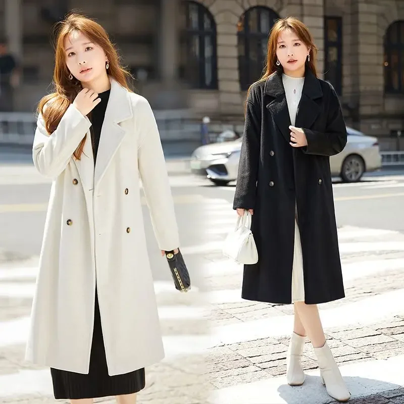 Temperament Women Woolen Coat Winter New Female Long Below The Knee Fashion Solid Color Slim Outcoat Casual Versatile Outerwear