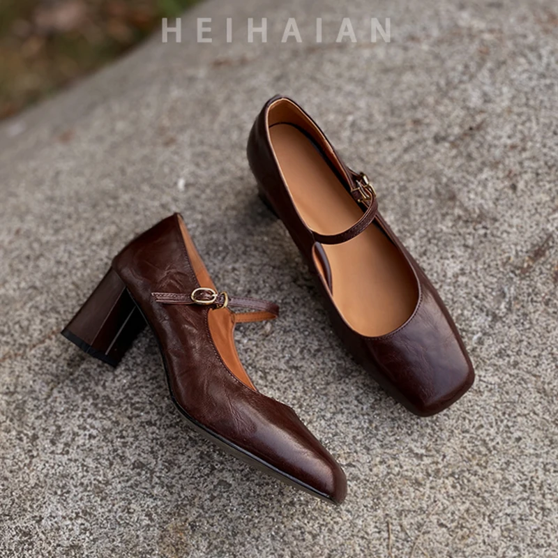 

Heihaian Mary Jane Shoes 2024 Spring New Retro Style Elegant Heels Square Head Shallow Mouth Brown Shoes Women
