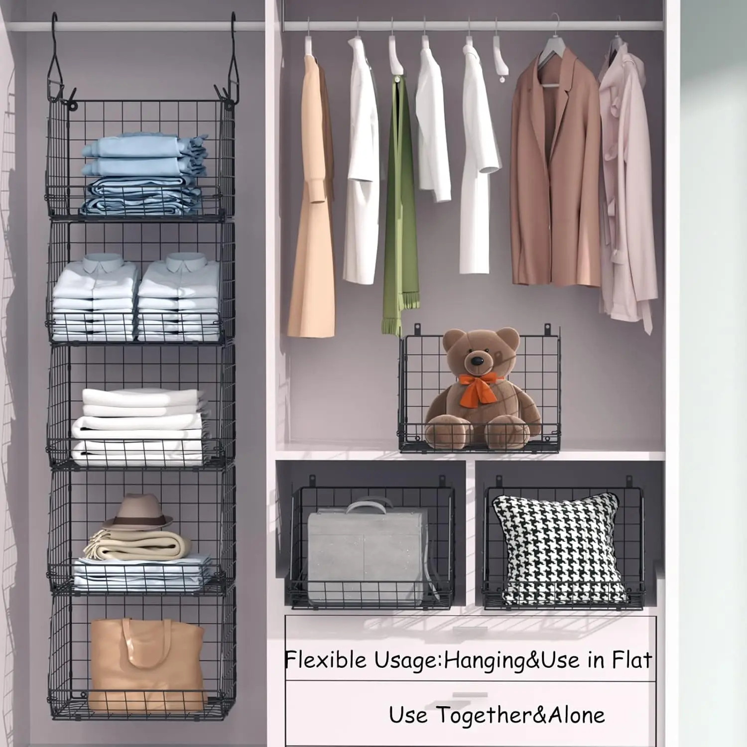 4 Tier Closet Hanging Organizer, Closet Organizers and Storage with 5 S Hooks, Closet Hanging Shelves & Freestanding Wire Storag 5
