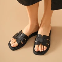 BEAUTODAY Casual Slippers Women Calfskin Leather Square Toe Solid Color Shallow Retro Ladies Flat Shoes Handmade 36346 - Image 4