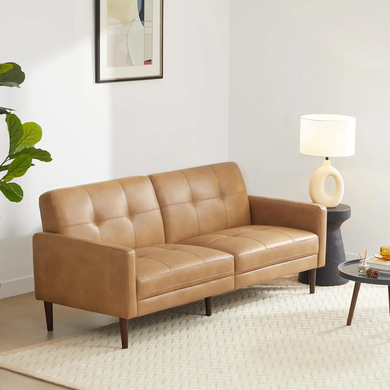 Mid-Century Sofas Furniture 73.2''W Faux Leather Sofa Couch Sets for Living Room Apartment, Cognac Brown, Customized 3