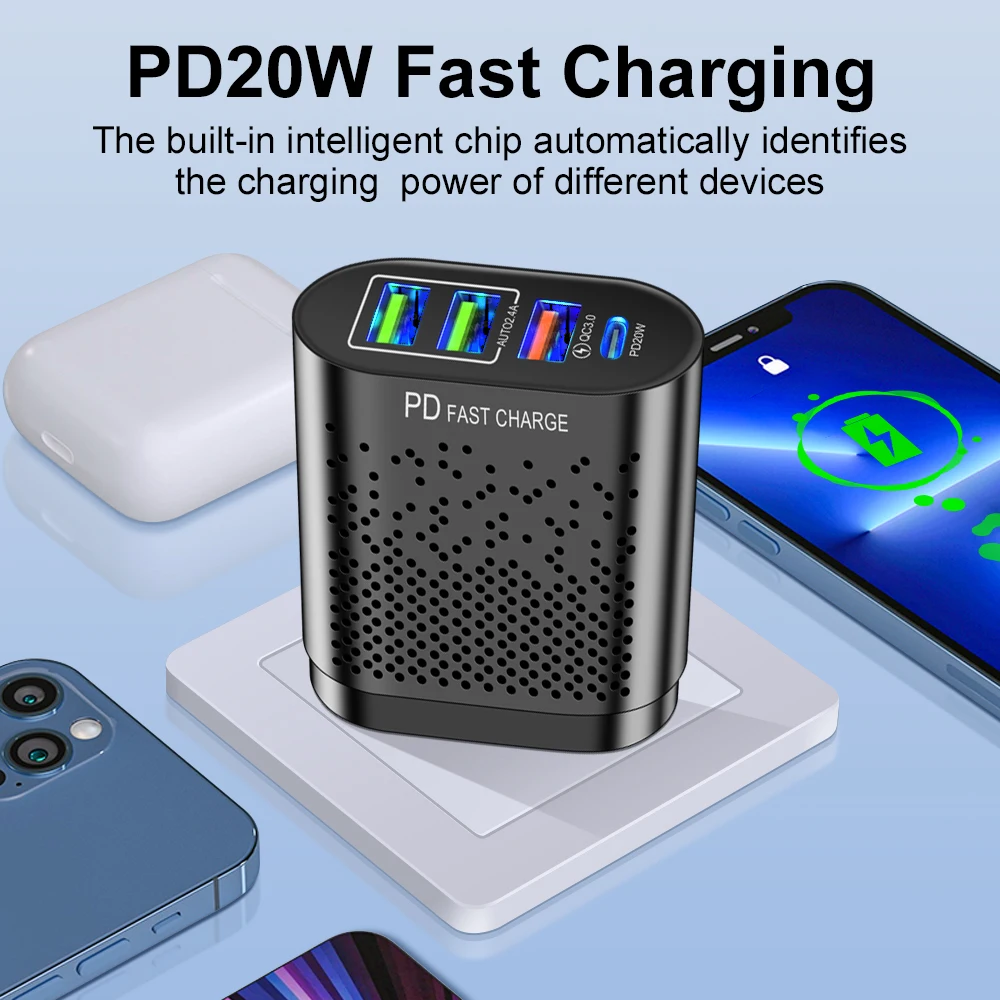 PD 20W USB Type C Charger QC3.0 Fast Charging Wall Charger 2.4A 4Ports EU US KR Plug Phone Tablet USB PD Adapter