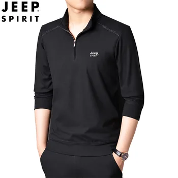 JEEP SPIRIT 남성용 하프 지퍼 스탠드업 칼라, 긴팔 라운드넥 풀오버, 스포츠 캐주얼 루즈 스웨터 탑 의류, 봄 가을