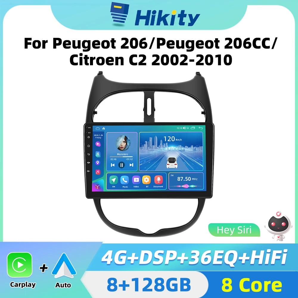 Hikity Ai Voice 2 Din Autoradio Android Per Peugeot 206 Peugeot 206 Cc Citroen C2 2002-2010 Carplay 2Din Autoradio