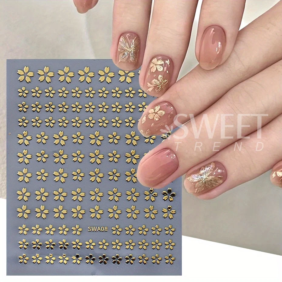 2/3pcs Holographic Sakura Flower Nail Stickers Cherry Blossom Petal Design Silver Gold Floral Summer Adhesive Decal Manicure Tip