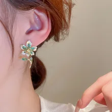  MENGJIQIAO Korean Fashion Fresh Green Zirconia Flower Drop Earrings For Women Girls Luxury Branch Oorbellen Jewelry Gifts 
