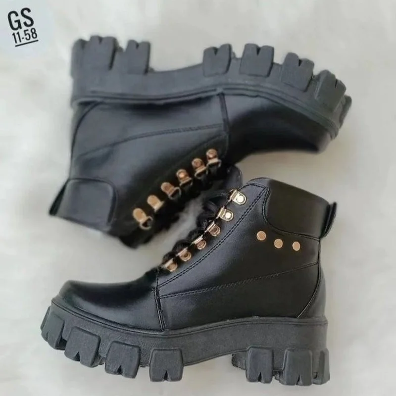 Thick-soled Boots Women's Short Boots Autumn and Winter New Heel Lace Retro Motorcycle Boots Woman Fashion Sneakers Ladies Shoes