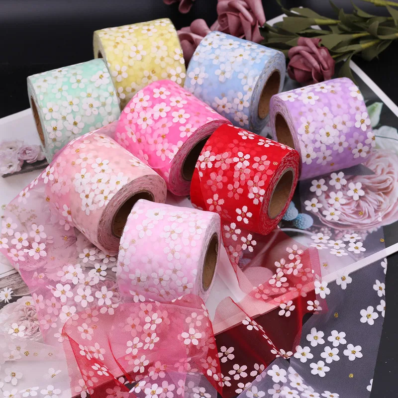 Floret Tulle Daisy Ribbon Roll 5Yards 6cm for Gift Bow Packaging Cherry Blossoms Printed Mesh Fabric ribbon decoration ribbon supplies wrapping ribbon fabric craft supplies