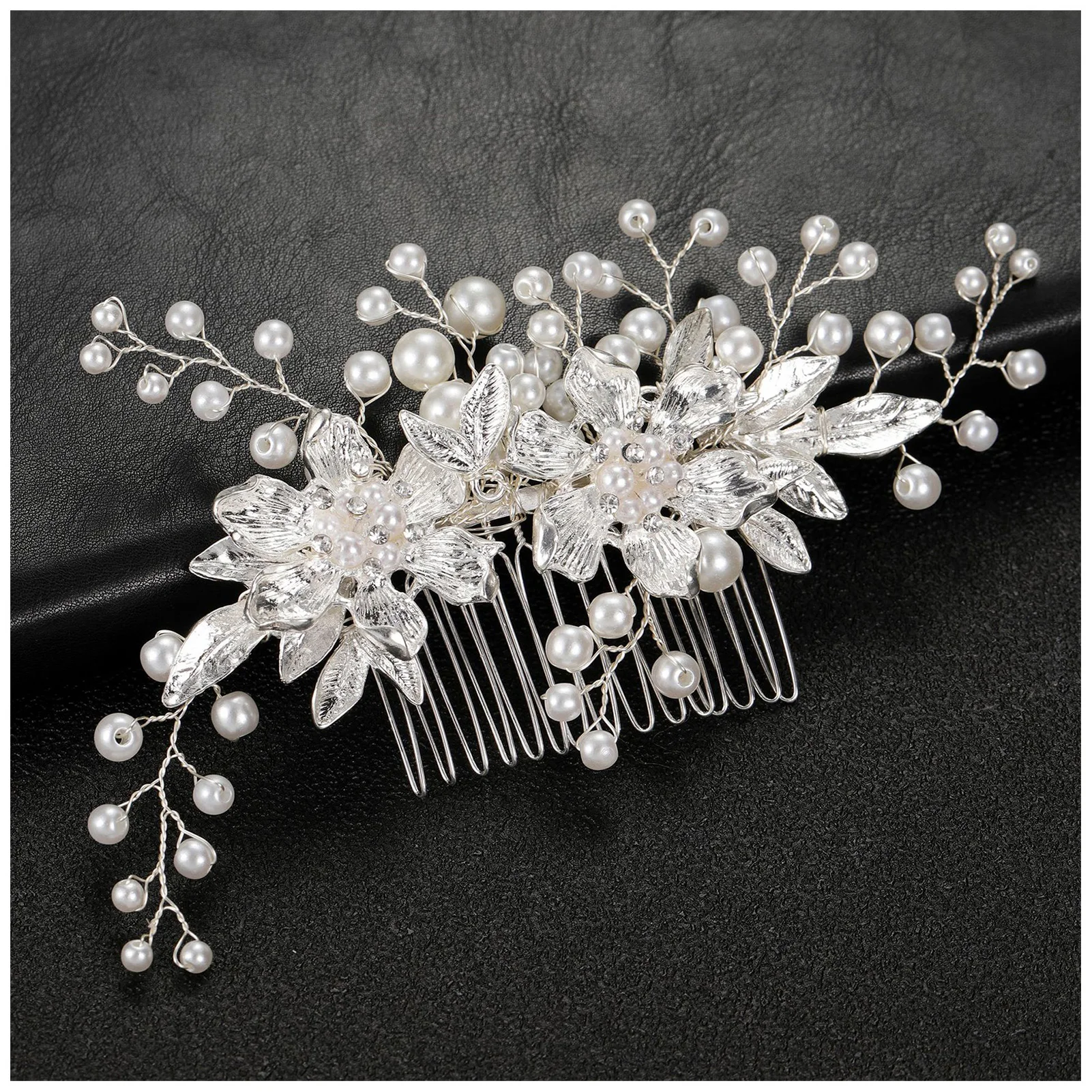 

Silver Wedding Hair Comb Strong Hold Hair Piece with Pearls Flower for Valentine's Day Christmas Headwear