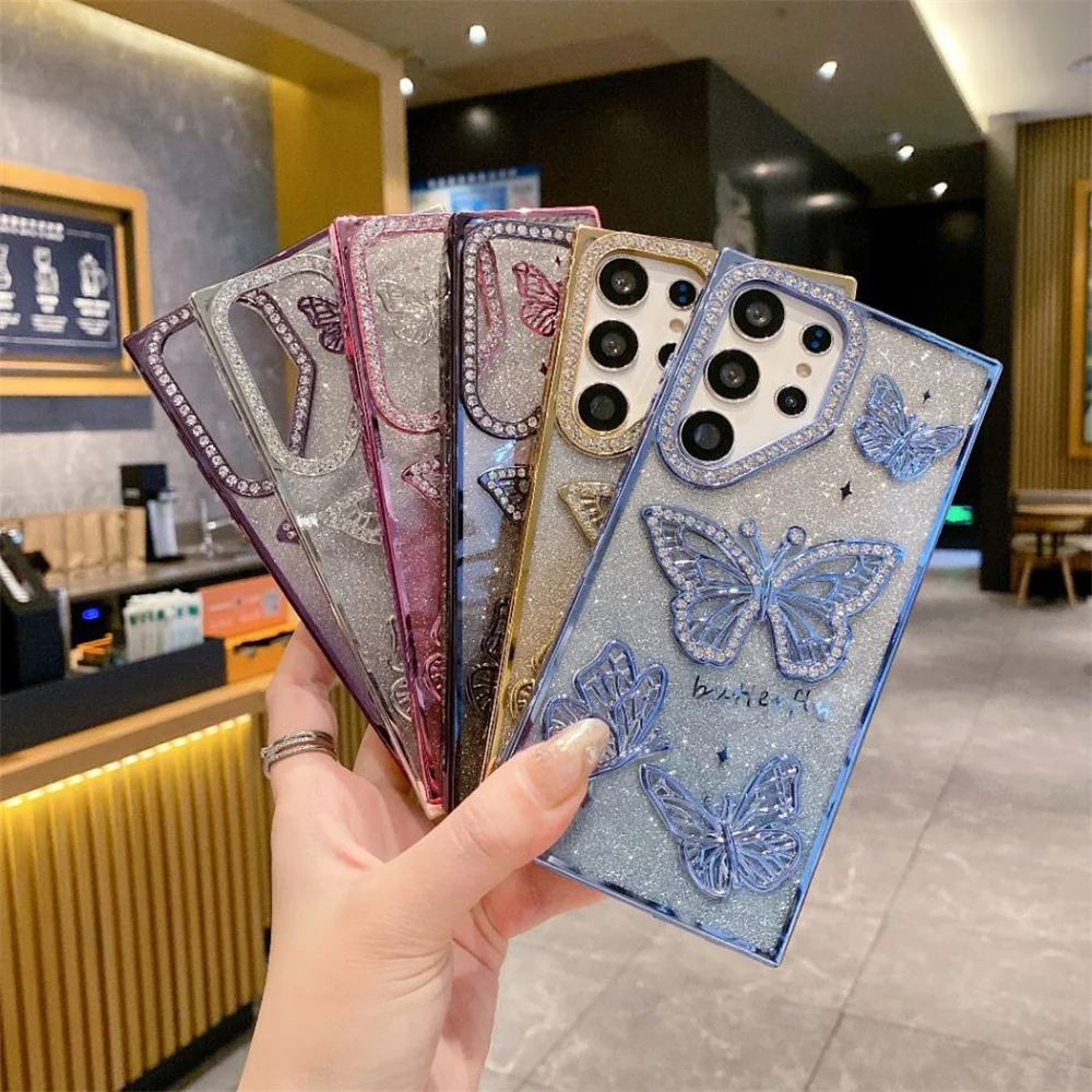 Cute Cartoon 3D Butterfly Diamond Glitter Gradient Phone Case with Plating Trim