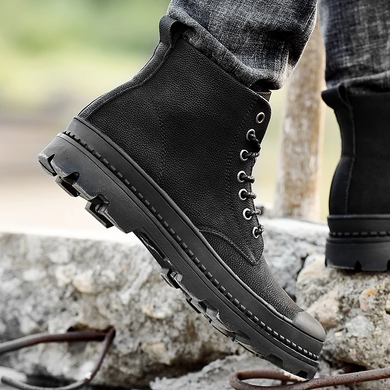 Men Leather Boots Black Warm Winter Genuine Leather Ankle Boots Men Winter Work Outdoor Fur Snow