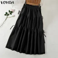 VONDA Plus Size 5XL Women Elegant Bow Maxi Skirts Fashion High Waist Pleated Ruffled Long Skirts Elastic Waist Jupes Faldas Saia - Image 4