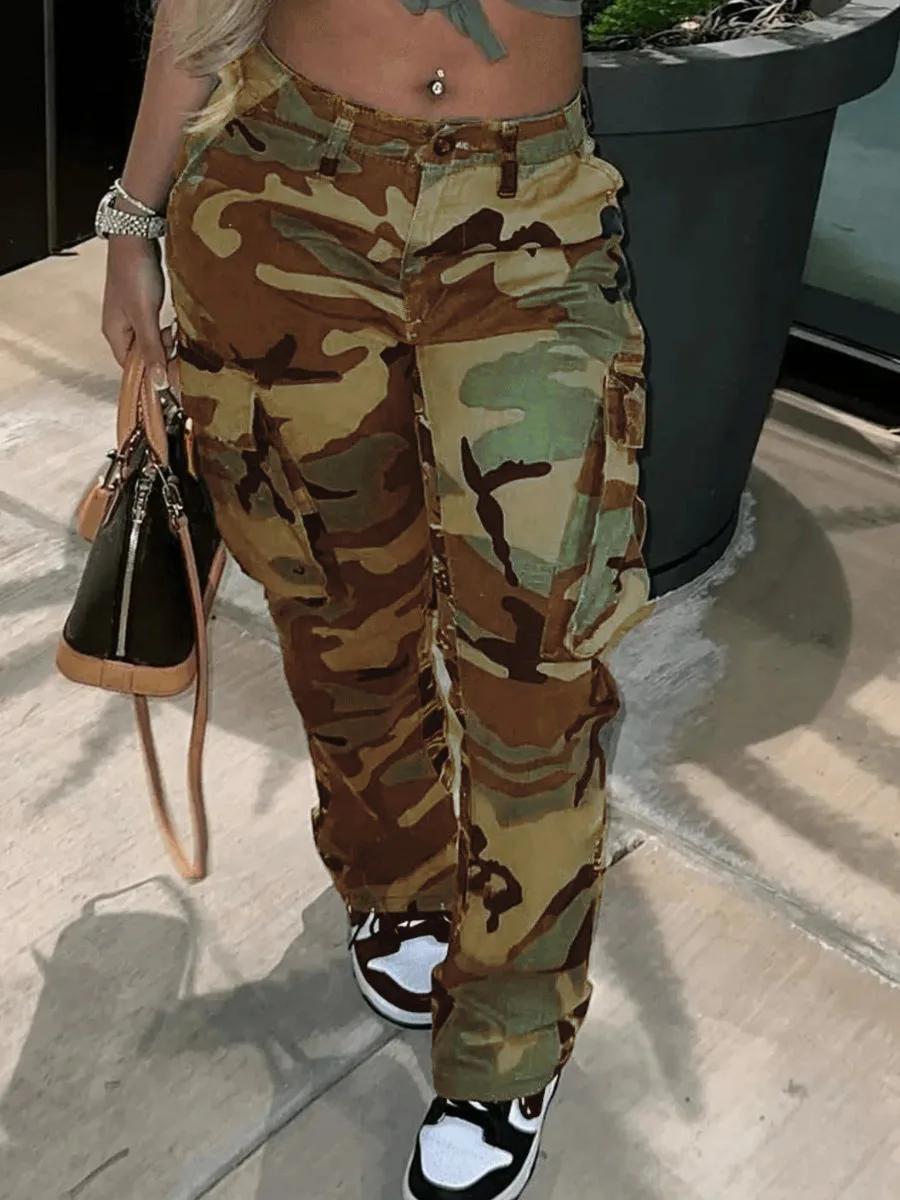 Plus Size Women Cargo Pants Camo Print Pocket Club Trousers 2022 Autumn Female Elegant Pants Lady Designer Wholesale Clothes