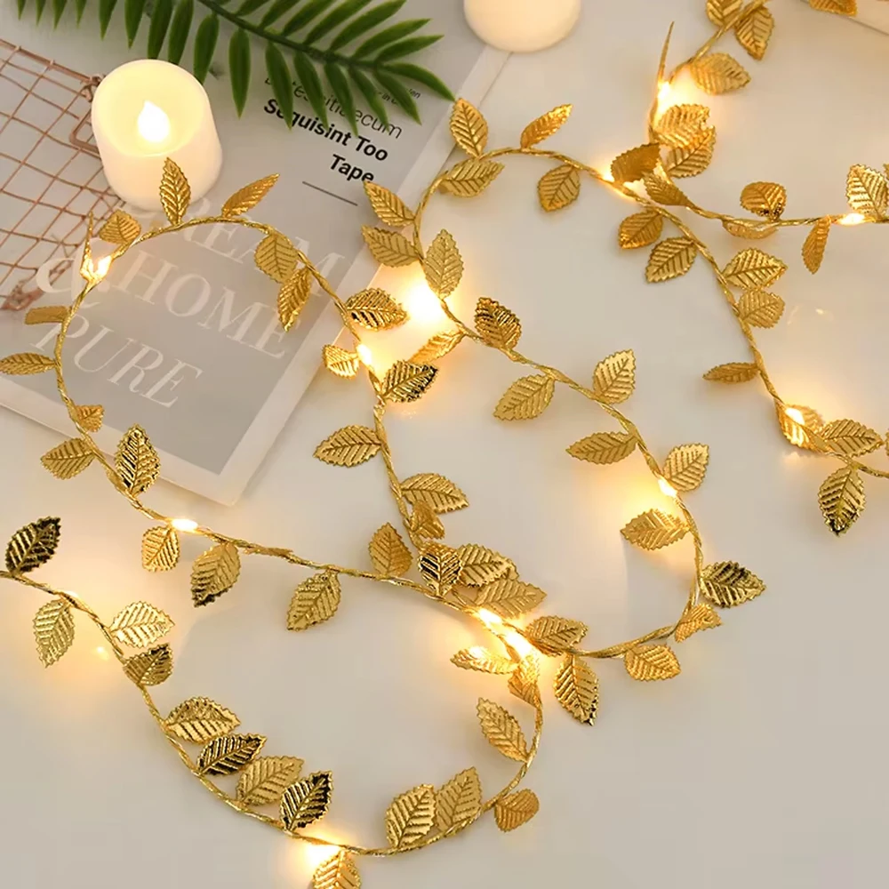 1Pcs 5M 50LED Golden Tiny Leaves Fairy Light Battery Powerd Led Copper Wire String Lights For Wedding Home Party DIY Xmas Decor