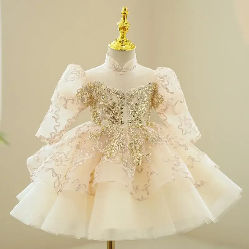 

Princess Carnival Costume Sequin Champagne Easter Dresses for Girls Children Party Gown Kids Banquet Matching Elegant Outfit