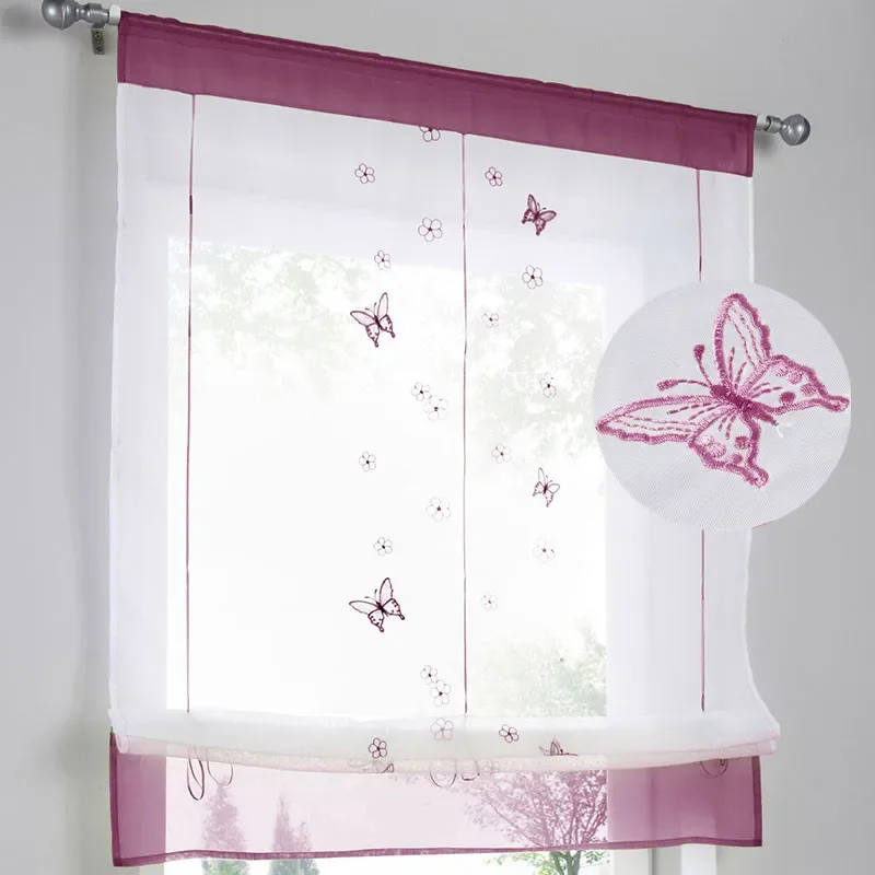 

Butterfly Embroidered Short Curtain For Kitchen Romantic Roman Length Liftable Tie Cafe Hotel 1pcs Rod Pocket JS162C