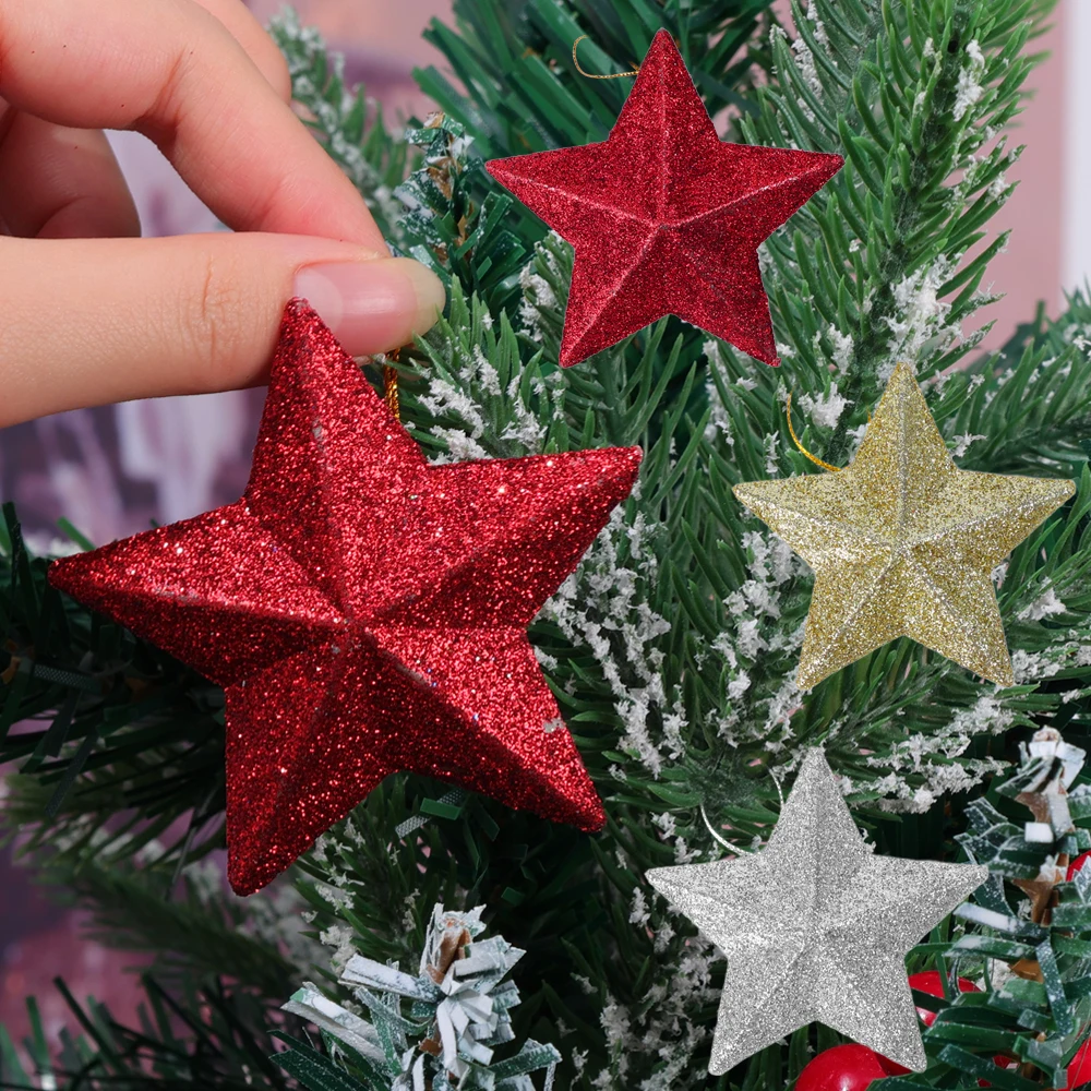 4/24PCS Glitter Star Christmas Ornament Silver Gold Pentagram Xmas Tree Hanging Pendant Festival Wedding Party Home Decoration
